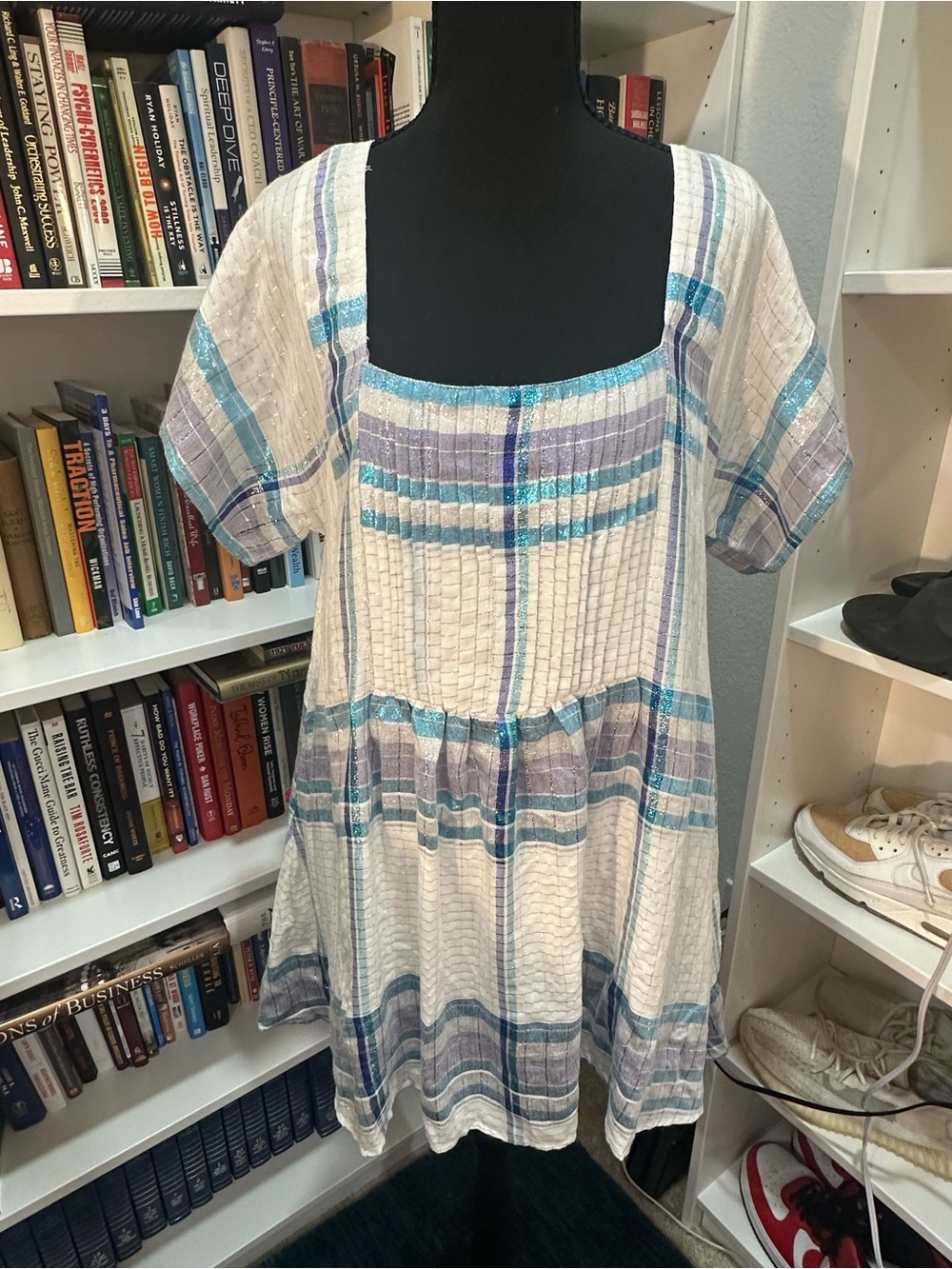 Free People White Plaid Swim Cover-Up with Blue & Lavender Stripes - Picture 5 of 5